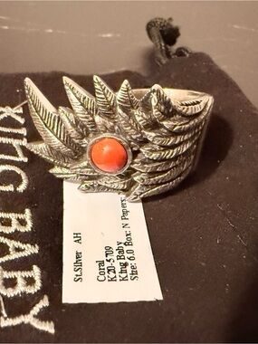 King Baby Studio Sterling Silver Coral Feather Ring Luxury Designer $470 retail